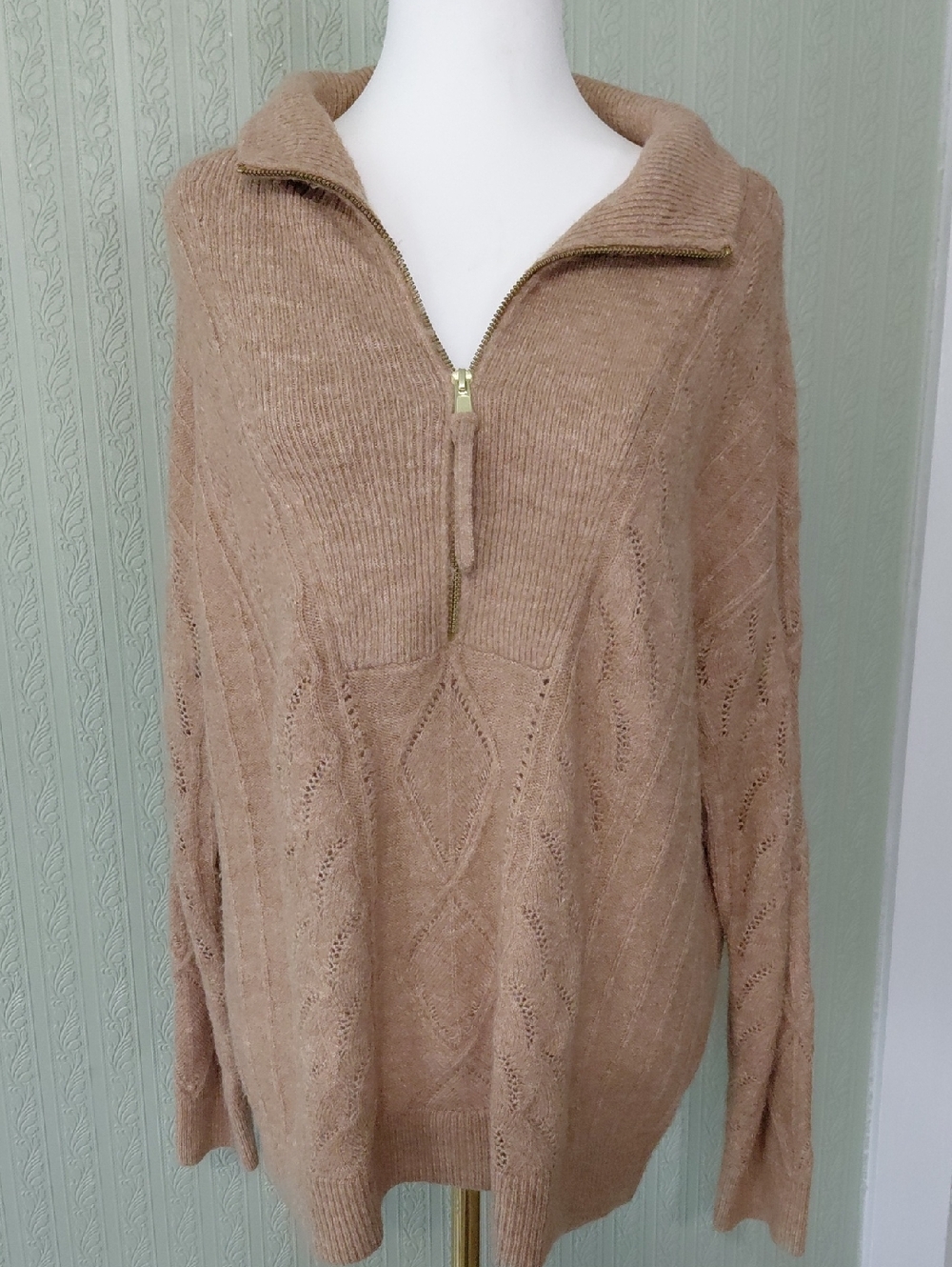 TALBOTS Women's Taupe Half-Zip Knit Sweater Medium Casual Chic Preppy